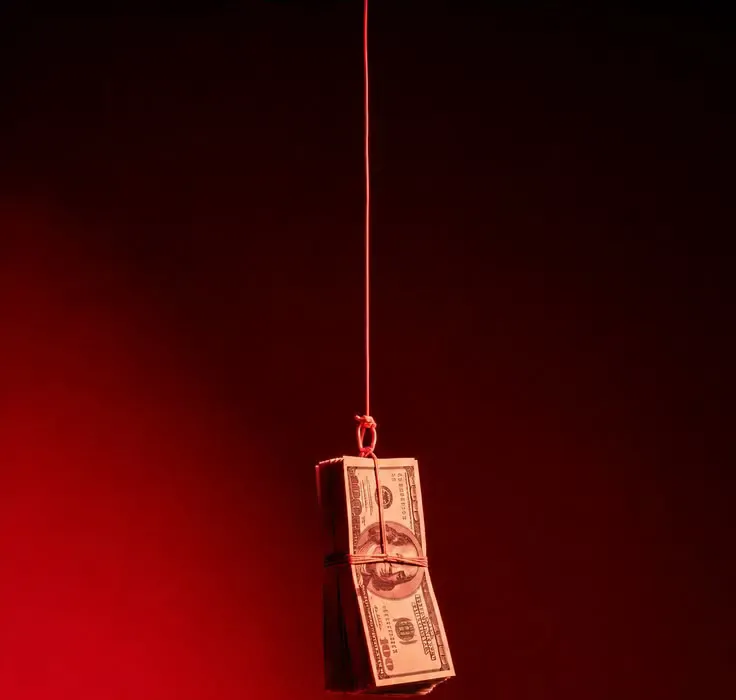 A bundle of cash hanging from a red string