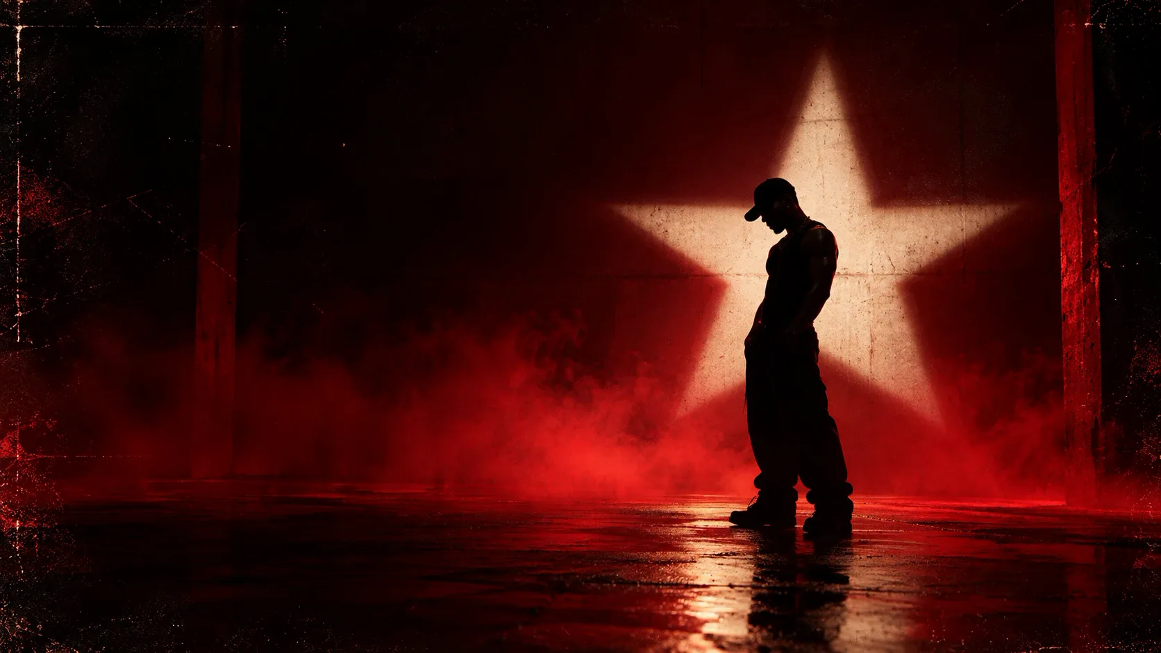 Silhouette of Ri-Flex in front of a white star, red smoke